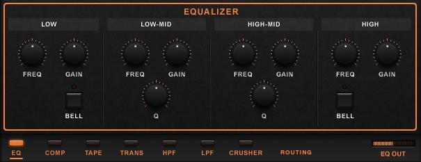Drum Module Processing Chain Each drum modules has a page selector menu which can be used to access the effects processors that make up a processing chain comprising of an EQ, Compressor, Tape