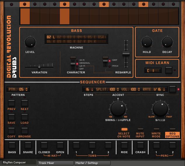 Rhythm Composer Page Once the Digital Revolution Drum Kit is loaded the first page you will see is the rhythm composer page.
