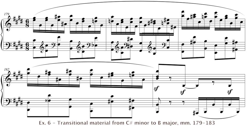 In mm. 179-182, he descends as he tonicizes, landing on the V 7 chord of the key he will tonicize next.