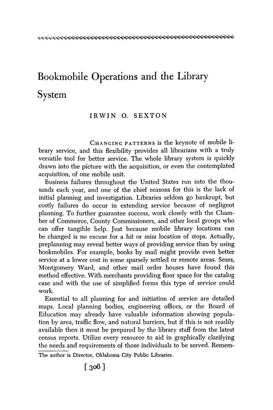 Bookmobile Operations and the Library System IRWIN 0.