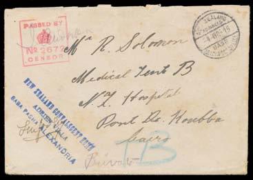 (2) 946 C B Lot 946 HOSPITALS: Cover to "NZ Hospital/Pont de Koubbeh" with 'NEW ZEALAND COVALESCENT HOME/ADRIEN VILLA/SABA PASHA ALEXANDRIA' h/s in blue & 'NEW ZEALAND/ADVANCED/4OC15/BASE/ARMY POST