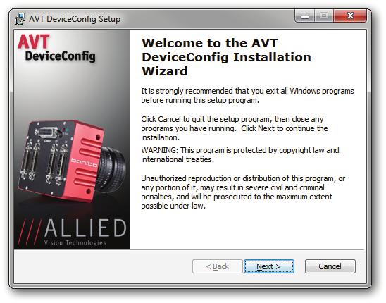 Installing DeviceConfig software Installing DeviceConfig software To install DeviceConfig perform the following steps: 1. Download AVT DeviceConfig zip file (DeviceConfig_Setup_Vx_y_z.