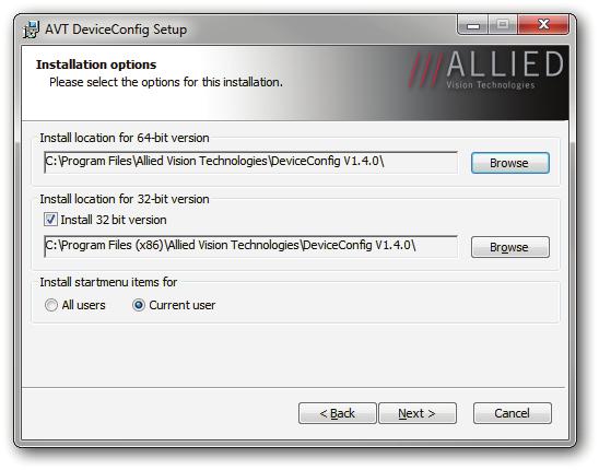 Installing DeviceConfig software Figure 2: AVT DeviceConfig setup: Installation options 3.