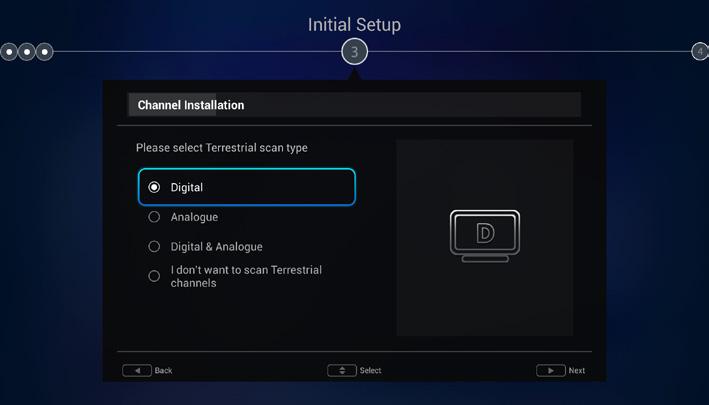 The first time you switch the set on, the Initial setup wizard opens, which guides you through the initial setup process. Press OK to start your initial setup.