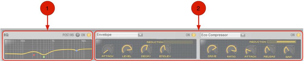 Mix Page: EQ & Insert Section Each channel in the Strike Mixer contains an EQ and two user-selectable insert effects.