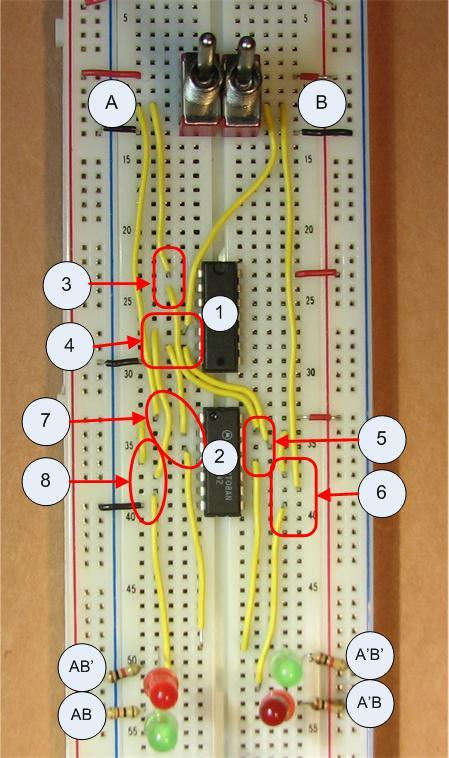 74 DIGITAL CIRCUIT PROJECTS Figure 7-5: Decoder circuit The decoder should now work. One light should come on for each of the 4 combinations of switch positions.