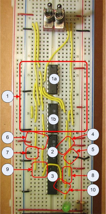84 DIGITAL CIRCUIT PROJECTS directly to the positive rail. The output of this AND gate (pin 3 on chip labeled 2) is forwarded to the 7432 (OR) chip. Figure 8-8: 4-to-1 MUX 7.