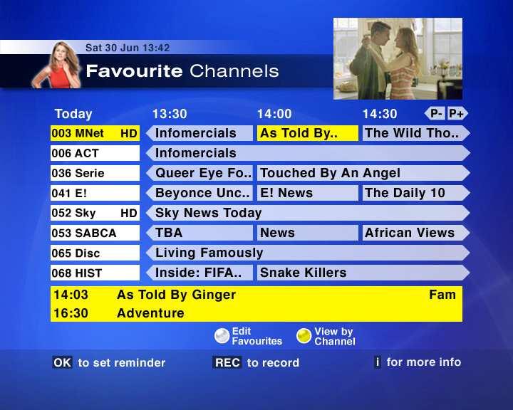 FAVOURITE CHANNELS When first selecting Favurite Channels, yu will need t select channels as yur Favurites. This will : Create a persnalised TV Guide, listing the infrmatin fr just these channels.