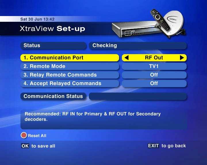 ➌ XTRAVIEW SET-UP The default settings are : 1. Cmmunicatin Prt = RF Out 2. Remte mde = TV1 3. Relay Remte Cmmands = Off 4.