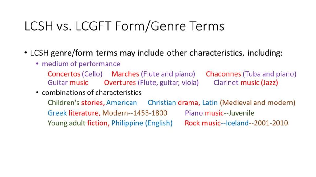 In the slide, I ve color coded the LCSH terms as follows: red: genre/form blue: creator/contributor