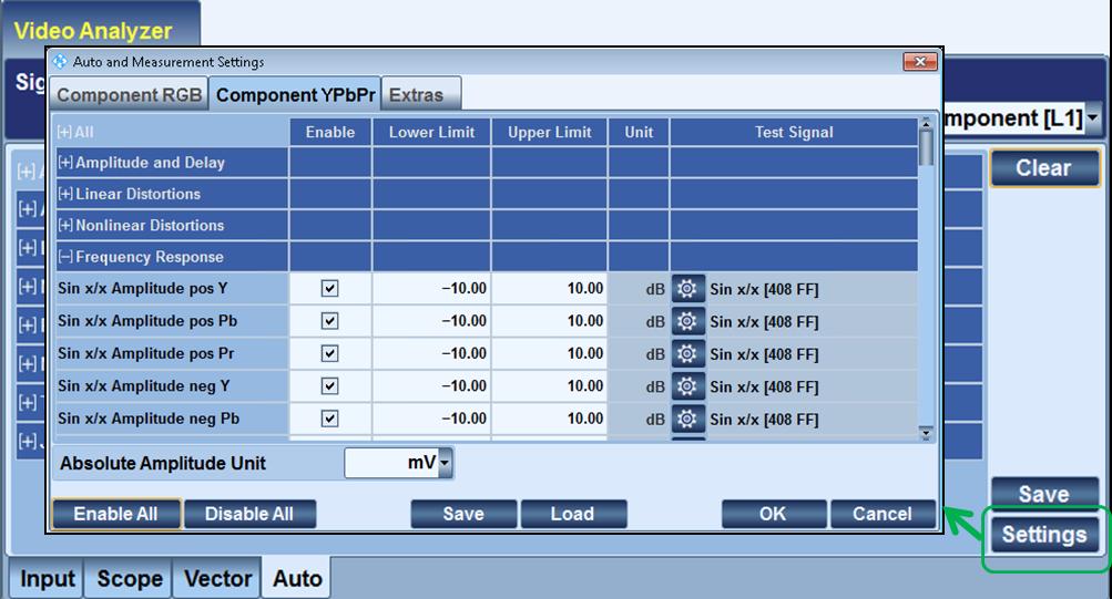 2 Configuring the Analyzer To configure the analyzer, open the Auto view and click the Settings button to open the "Auto and Measurement Settings" dialog box (Fig. 6-5).