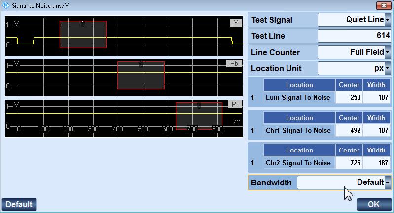 Noise Measurements Fig. 7-30: Selecting the measurement bandwidth for the signal-to-noise measurement. The following settings are available: "Default" measurement to the signal band limit "4.