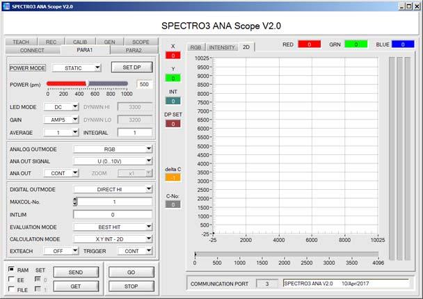 Parameterization Windows user interface: (The current software version is available for download on our website.) The color sensor is parameterized under Windows with the SPECTRO3-ANA-Scope software.