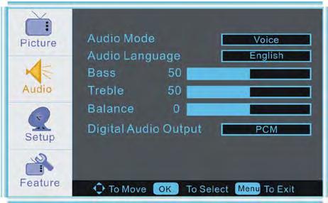 Audio menu options Press the MENU button on the LCD TV front panel or on the remote control and then use OK to select the AUDIO menu. and 1.