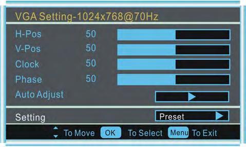 Feature menu options for VGA Press the MENU button on the LCD TV front panel or on the remote control and then use buttons and OK to select the Feature menu in VGA mode. 1.