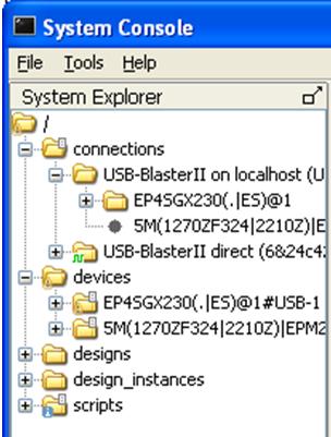 23 Trace System IP Core This figure shows the System Explorer pane with the connections and devices folders expanded, with an On-Board USB-Blaster II cable connected.