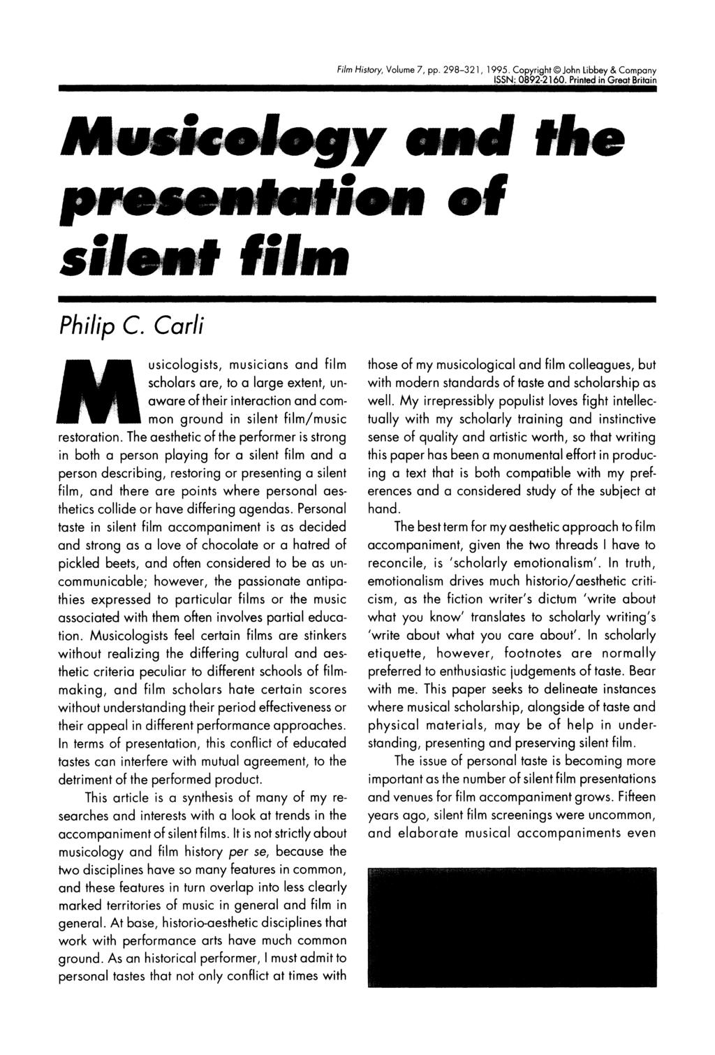 i Film History, Volume 7, pp. 298-321, 1995. Copyright?John Libbey & Company ISSN: 192-2160. Printed in Great Britain Ir ilof- Philip C.