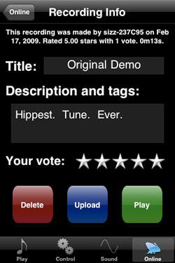 The Recording Info view shows the recordingʼs attributes up close. Here, you can edit the title and description of your own recordings, and vote on othersʼ.