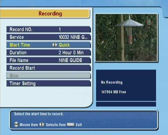 Once a recording is started, it is put on the recorded programme list even though it is not finished yet. The recording file is named after its service name with a suffix of a number.