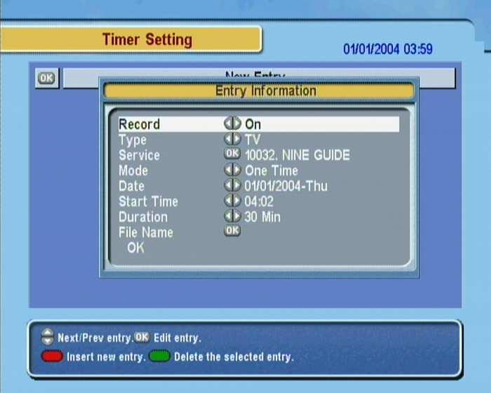 7.1 Recording a programme 45 To input a timer recording, select the System Setting > Timer Setting menu; then the timer list will be displayed.