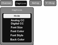 Caption Menu Features After pressing the MENU button on the DTV remote control, use the navigation buttons to highlight the Caption button and press the ENTER button.
