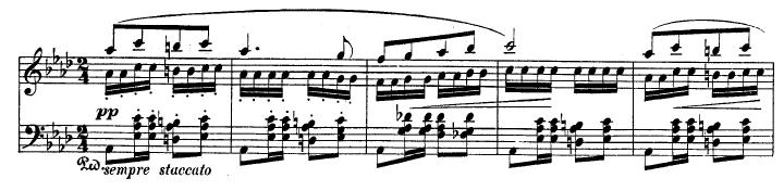 It becomes even more difficult in that the soprano voice holds longer while the alto voice is repeated with the thumb, something that is at best unnatural for the hand (Figure 31).