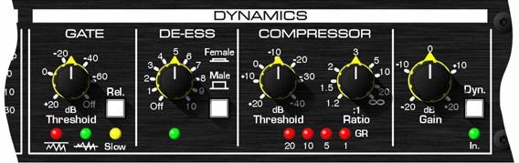 DYNAMICS STAGE GATE Threshold Release DE-ESSER De-Ess Male/ Female COMPRESSOR Threshold Sets the threshold below which signal is assumed to be noise and therefore muted.