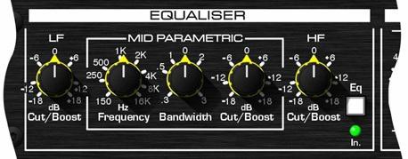 EQUALISER STAGE L.F Cut/ Boost Mid Parametric Frequency Bandwidth Cut/ Boost H.F Cut/ Boost E.Q In High-pass shelving filter providing up to 18dB of cut or boost below the turnover frequency of 100Hz.