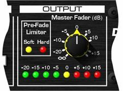 OUTPUT STAGE Master Fader Sets the overall output level of the MX60 from off to +15dBu. An eight-section LED mater shows the output level from 20dBu to +15dBu. (Levels referenced to +4dBu.