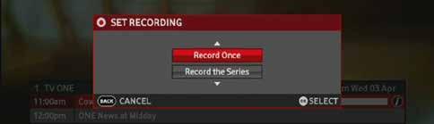Using the planner Recording a series When setting up a recording, and the programme selected is part of a series, the system will ask if you want to record just this programme or record the whole