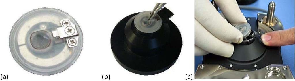 Figure 2. (a) AFM tip holder assembly; (b) holder assembly in the loading pedestal; (c) Removing tip holder assembly from AFM head. 2. If you could not find holder assembly on the loading pedestal, it should be attached to the AFM head.