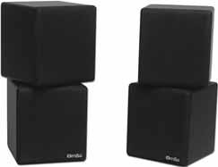 White-colored cube speakers Pair of speakers, each with dual 3-inch drivers 8-Ohm impedance 100 watts maximum power 150 Hz to 20 khz frequency response Hanger brackets included 4 W x 8.