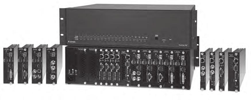 Optics 600 Modular Power Enclosure for Optic and Twisted Pair Extenders Shown with optional boards Description The Extron 600 is a rack-mountable, 6-slot enclosure that supports a wide range of