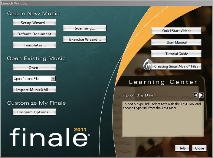 Finale Tips and Tricks For Music Teachers LAUNCH WINDOW The Launch Window is basically the main menu for the program. document setup tools, tutorials, and exercise tools can be accessed from here.