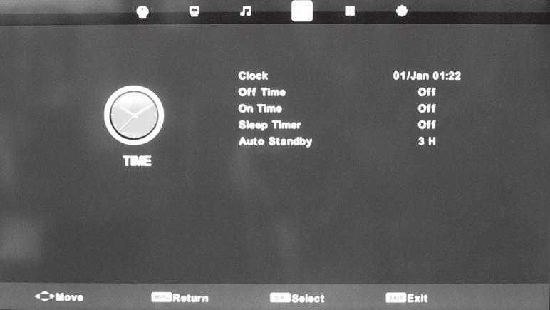 TV Menu operation Sound menu Time menu Feature menu Sound menu Time menu Sound Mode - Choose from the following presets: Standard Music Movie Personal Sports Default settings Emphasises music over