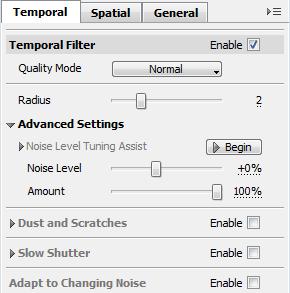 Temporal Filter: Radius In Advanced Mode, the main setting of the temporal noise reduction filter is Radius.