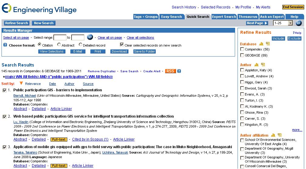 Compendex and Geobase Search for references in Compendex or Geobase Select relevant references Click on Download In the pop-up window select RIS, EndNote