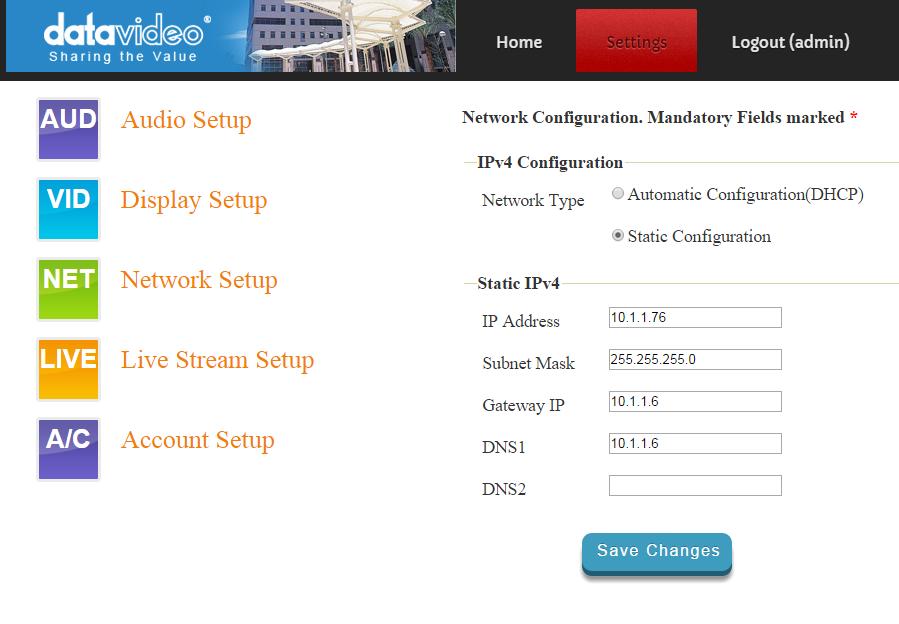 Settings > Live Stream Setup From this page you can configure the source stream for the decoder.