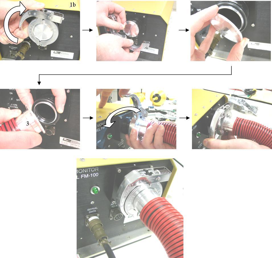 6. Remove the clamp and pump hose connection cover from the particle sensor (1 b). Keep the black O-ring and metal centering ring on the unit. 7. Attach the pump hose (3) to the particle sensor (1b).