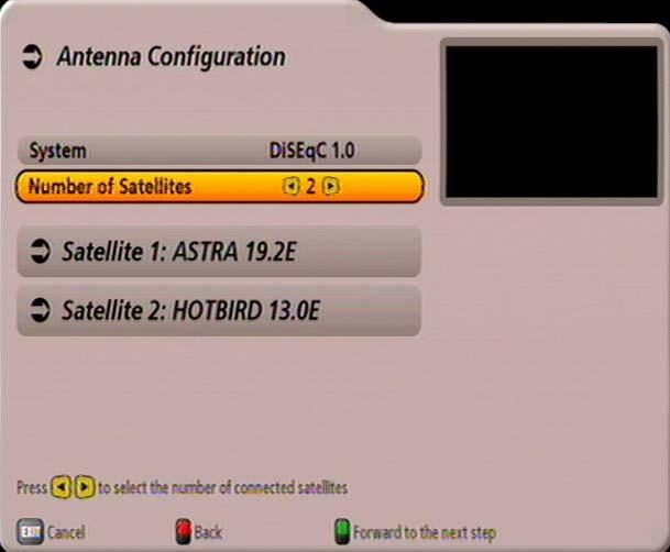 FIRST INSTALLATION: DiSEqC 1.0 Number of Satellites Use the buttons to select how many satellites (max. 4) you would like to receive with your reception system.