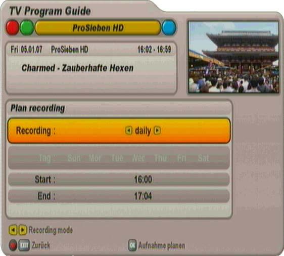 EPG - ELECTRONIC PROGRAMME GUIDE RECORD ONCE Use the buttons to select the recording mode once (see screenshot item Recording (timer) ).