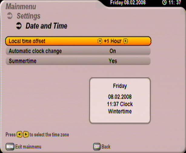 SETTINGS DATE AND TIME Local time offset (UTC) Use the buttons to set the time zone variation from UTC (formerly GMT) (e.g. for Germany +1 hour).