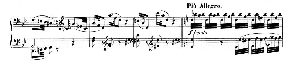 9 The passage between sections IV and V is very similar to the description above, Mozart uses practically the same musical gestures to create the surprising effects of this transition (Ex. 7). Ex.