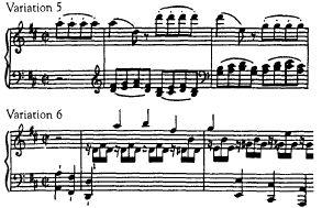 Variations 5 and 6 also function as a pair, with Variation 5 returning to an eighth-note motion with a simple melody performed piano, whereas Variation 6 contains sixteenth notes marked forte, with