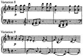 The music reaches another climax at the end of Variation 10, using broken octaves in sixteenth notes in the right hand and a variation of the theme in the left hand.