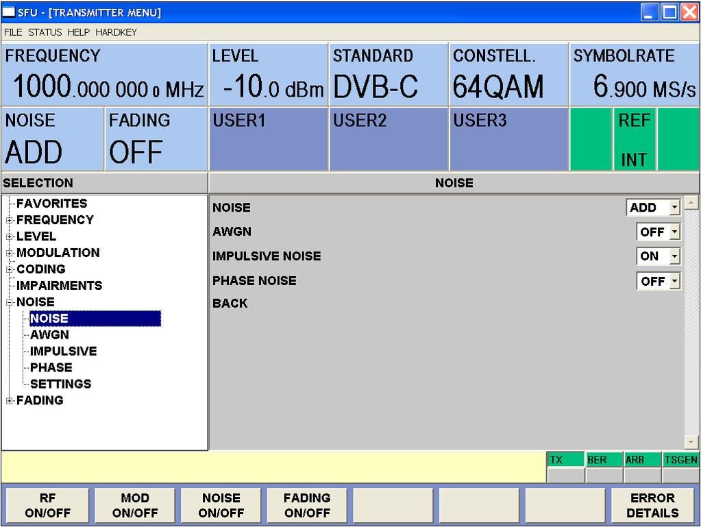 Enable the following noise source(s) in the Noise/Noise window: Noise: Add AWG: Off Impulsive Noise: On Phase Noise: Off If your instrument doesn t have an R&S SFU-K43, the user interface of earlier