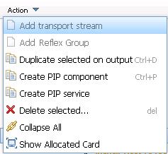 Web GUI Control Figure 5.56 Output Pane Action Menu Add transport stream Enables a new transport stream to be created and added to the output.