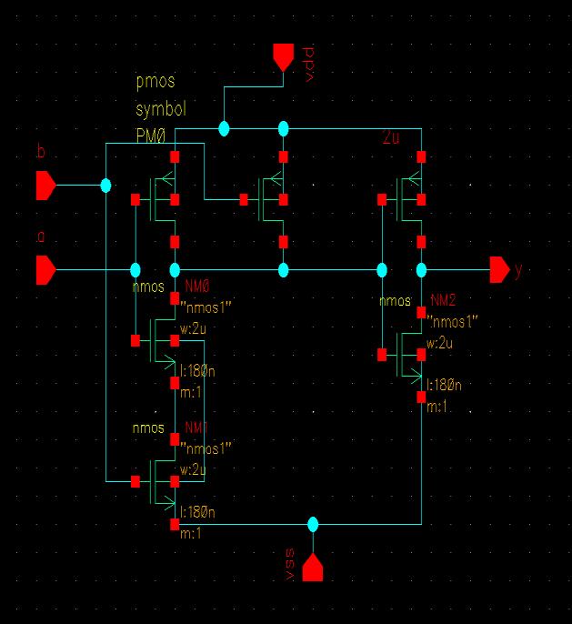 The transistor level diagram is implemented using Cadence Virtuoso schematic editor [1]. The optimized layout is designed using Cadence Virtuoso Layout Suite. Fig-4(b): NAND gate schematic diagram 3.