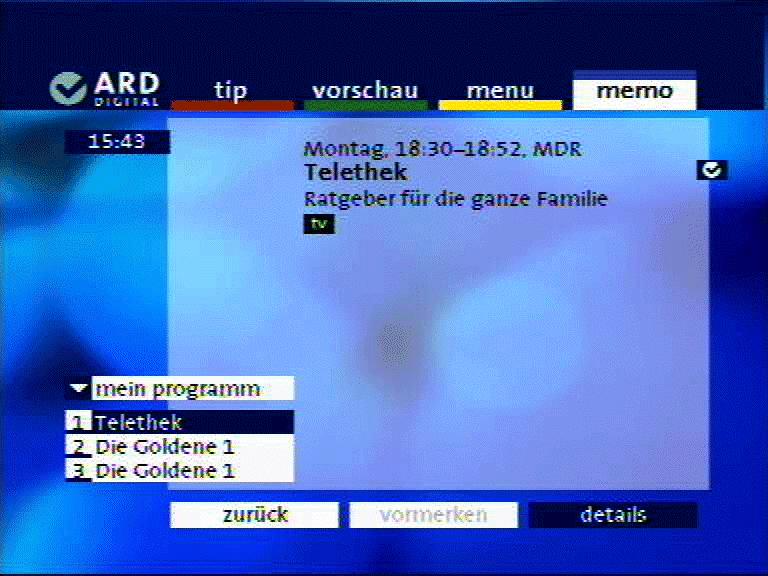 Electronic programme guide and applications memo The following picture shows an example for compilation of personal TV programmes: Read character The read character is a special feature of the EPG.
