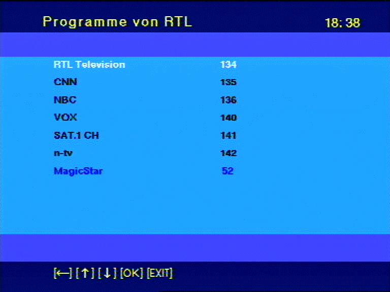 Initial settings A selected programme is displayed in white typeface, a TV programme is shown in black typeface and a radio programme in dark blue.